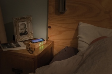 Logo trade promotional giveaway photo of: Bamboo alarm clock with 5W wireless charger