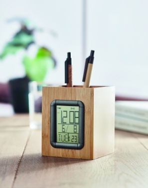 Logo trade promotional merchandise image of: Bamboo pen holder and LCD clock