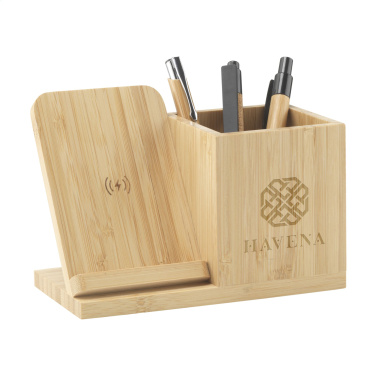 Logo trade corporate gift photo of: Bamboo Boss 15W charger/pen holder