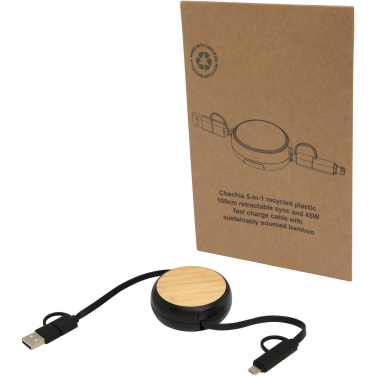 Logotrade business gift image of: Chechia 5-in-1 recycled plastic 100 cm retractable data sync and 45W fast charge cable
