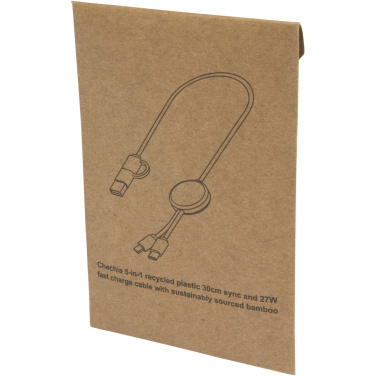 Logotrade promotional giveaway image of: Chechia 5-in-1 recycled plastic 30 cm data sync and 27W fast charge cable with bamboo details