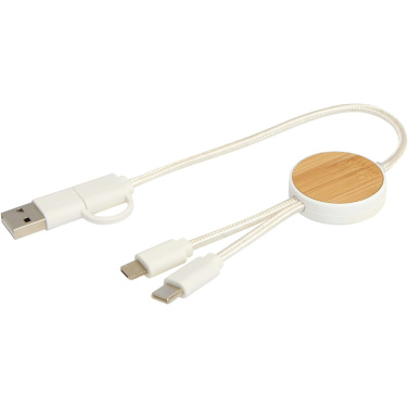 Logotrade promotional items photo of: Chechia 5-in-1 recycled plastic 30 cm data sync and 27W fast charge cable with bamboo details