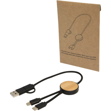 Logo trade promotional gifts picture of: Chechia 5-in-1 recycled plastic 30 cm data sync and 27W fast charge cable with bamboo details