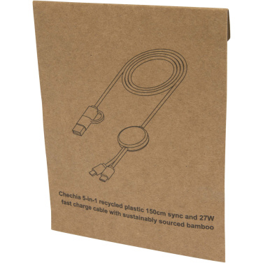 Logo trade corporate gift photo of: Chechia 5-in-1 recycled plastic 150 cm data sync and 27W fast charge cable with bamboo details