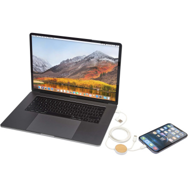 Logo trade advertising products image of: Chechia 5-in-1 recycled plastic 150 cm data sync and 27W fast charge cable with bamboo details
