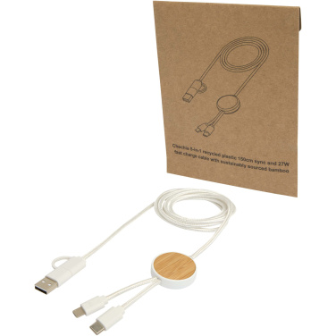 Logo trade corporate gifts image of: Chechia 5-in-1 recycled plastic 150 cm data sync and 27W fast charge cable with bamboo details