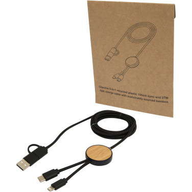 Logo trade promotional merchandise picture of: Chechia 5-in-1 recycled plastic 150 cm data sync and 27W fast charge cable with bamboo details