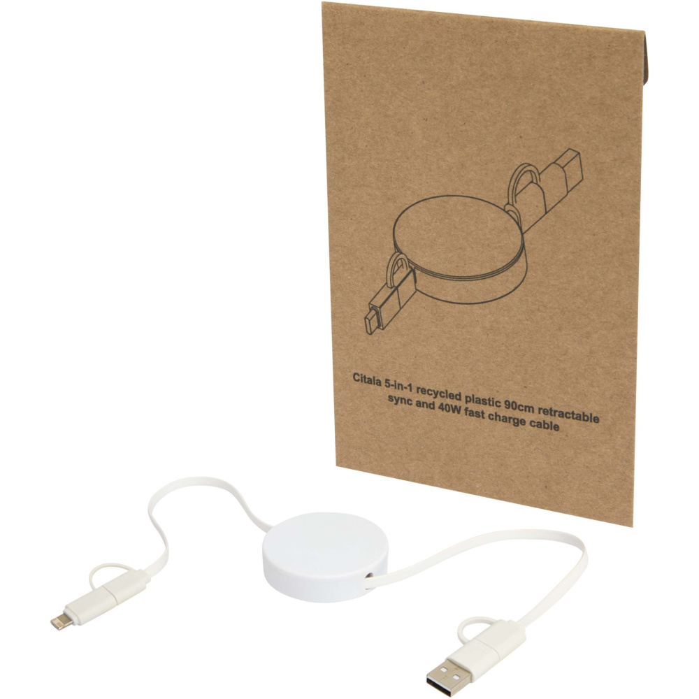 Logo trade promotional product photo of: Citala 5-in-1 recycled plastic 90 cm retractable data sync and 40W fast charge cable