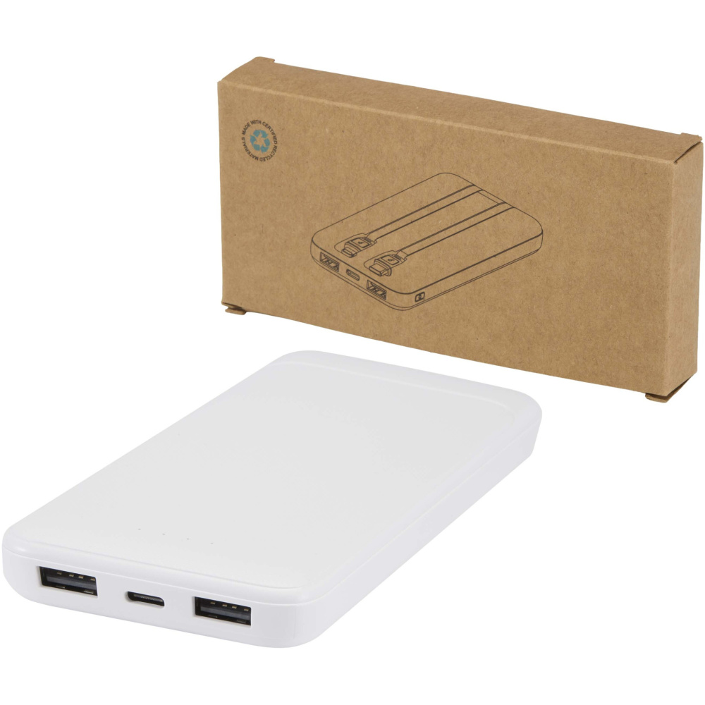 Logo trade advertising products image of: Adhil 10.000 mAh 10W recycled plastic power bank with 2 built-in cables