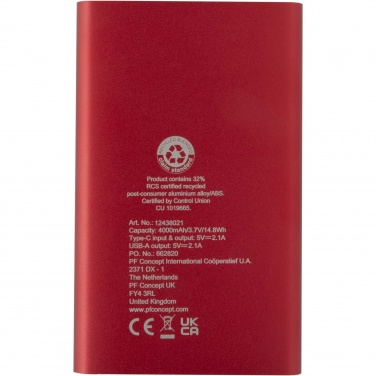 Logotrade liikelahja tuotekuva: Pep 4 000 mAh:n Type-C-varavirtalähde kierrätetystä alumiinista 