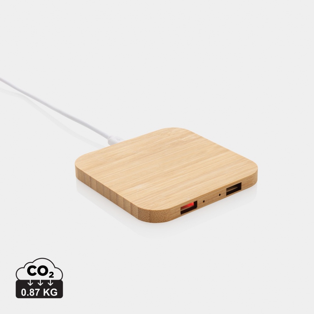 Logotrade mainoslahjat ja liikelahjat tuotekuva: 10W bambuinen langaton laturi USB:llä