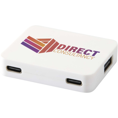 Logo trade mainoslahja kuva: Gaia 4-porttinen USB-keskitin, jossa USB-A- ja Type-C-lähtö sekä kaksoistulo – valmistettu kierrätetystä muovista