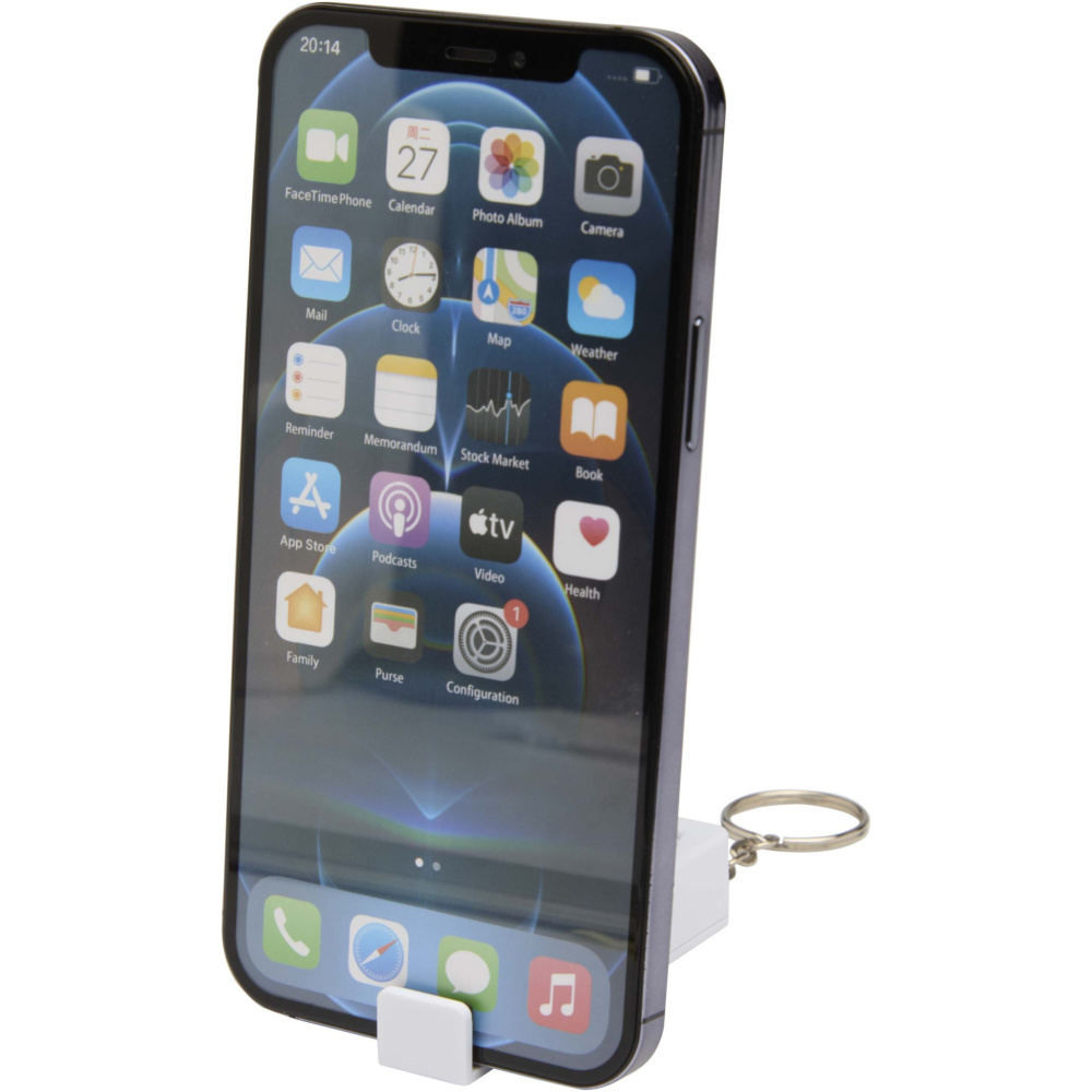 Logotrade mainoslahja ja liikelahja kuva: Aggia bambuinen puhelinjalusta ja kierrätetystä muovista tehty hypistelylelu