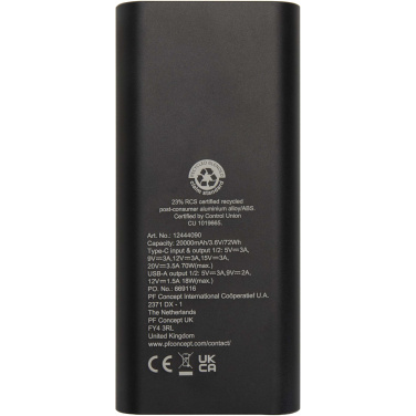 Logotrade reklaminiai produktai nuotrauka: „Acamar“ 20 000 mAh 70 W perdirbto aliuminio nešiojamojo kompiuterio išorinė baterija