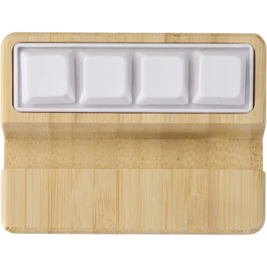 Logotrade logo dāvanas foto: Algol pārstrādātas plastmasas telefona statīvs un fidget rotaļlieta ar bambusa detaļām